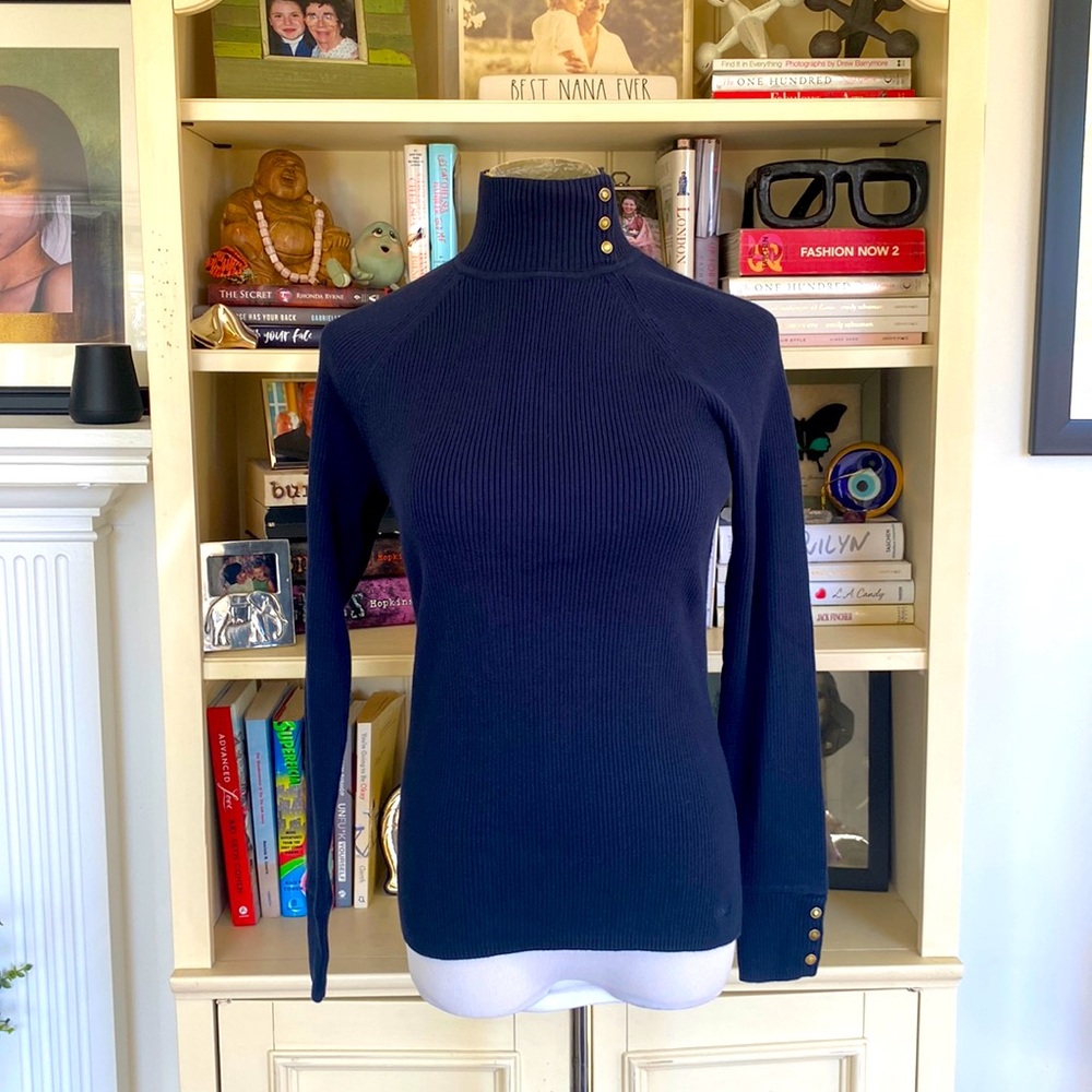 Vineyard Vines Navy Ribbed Turtleneck Sweater with Gold Buttons